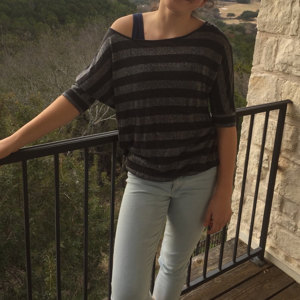 Striped Black/Silver Sheer Midi Sleeve Top